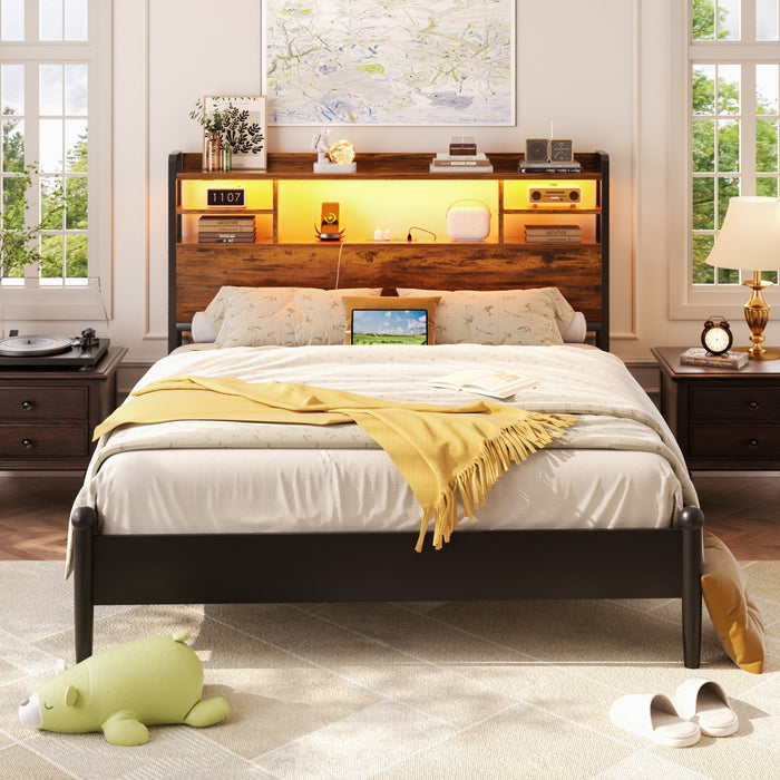 Full Size Bookcase Headboard with Storage, Power Outlets & RGB LED Lights