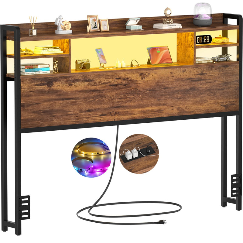 Full Size Bookcase Headboard with Storage, Power Outlets & RGB LED Lights