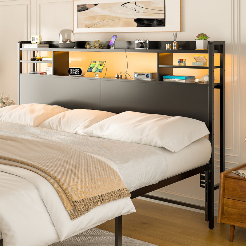 King Size Bookcase Headboard with Storage, Power Outlets & RGB LED Lights