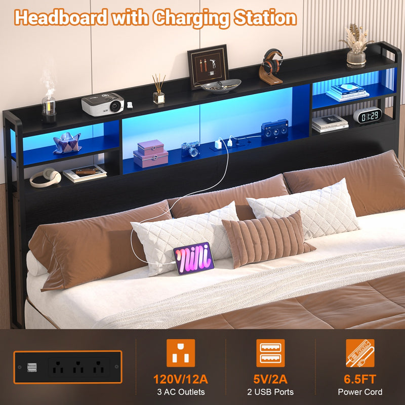 King Size Bookcase Headboard with Storage, Power Outlets & RGB LED Lights