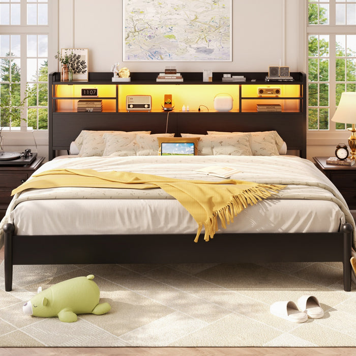 King Size Bookcase Headboard with Storage, Power Outlets & RGB LED Lights