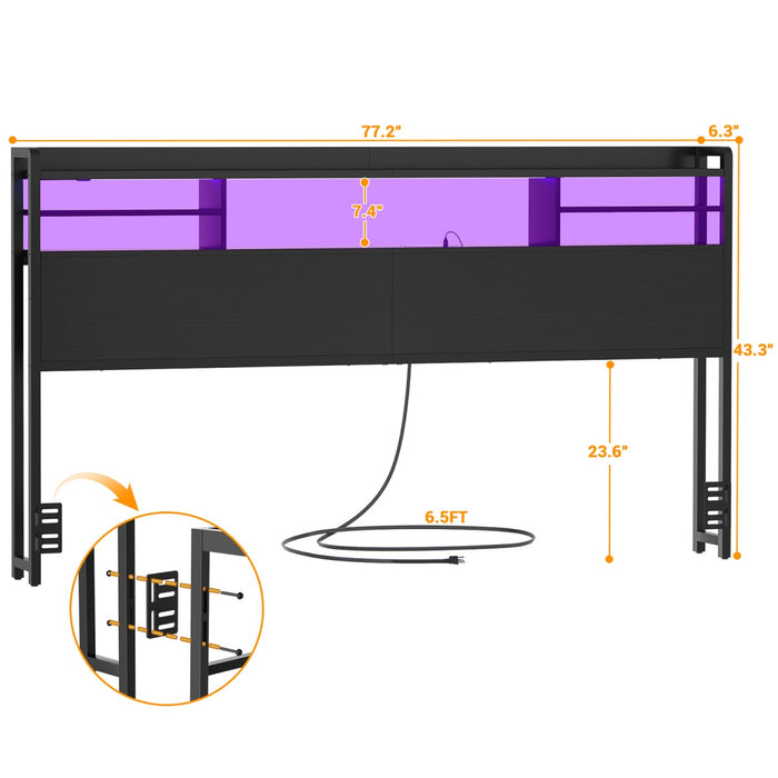 King Size Bookcase Headboard with Storage, Power Outlets & RGB LED Lights