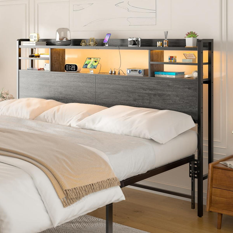 King Size Bookcase Headboard with Storage, Power Outlets & RGB LED Lights