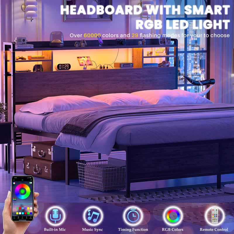 King Size Bookcase Headboard with Storage, Power Outlets & RGB LED Lights