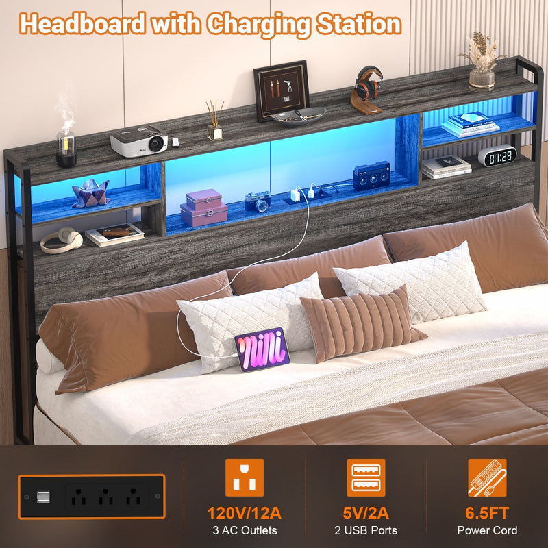 King Size Bookcase Headboard with Storage, Power Outlets & RGB LED Lights
