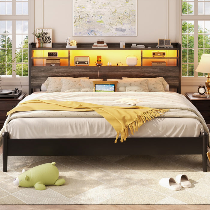 King Size Bookcase Headboard with Storage, Power Outlets & RGB LED Lights