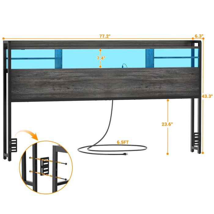 King Size Bookcase Headboard with Storage, Power Outlets & RGB LED Lights