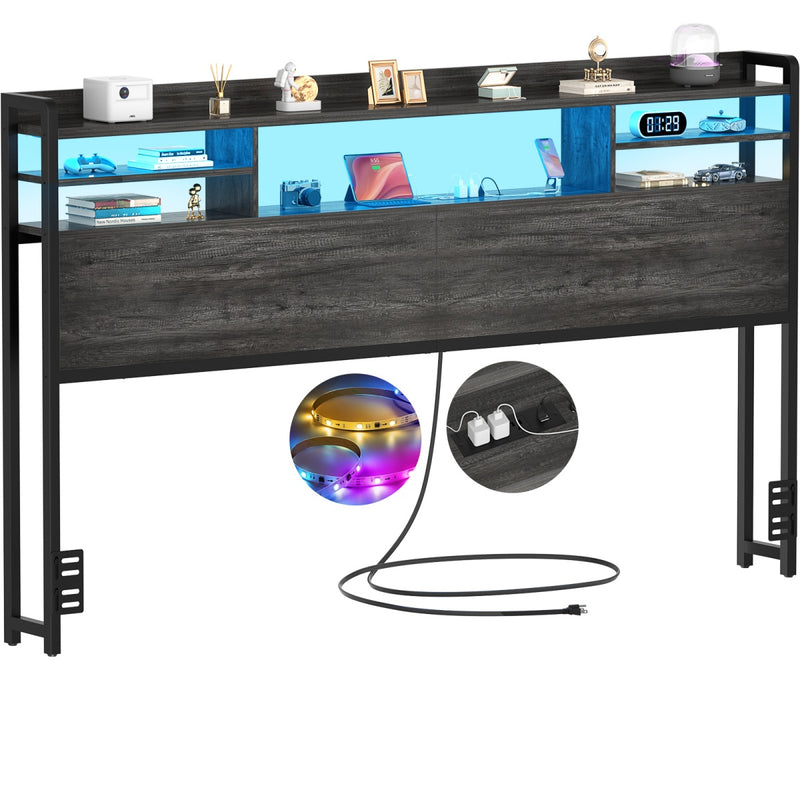 King Size Bookcase Headboard with Storage, Power Outlets & RGB LED Lights
