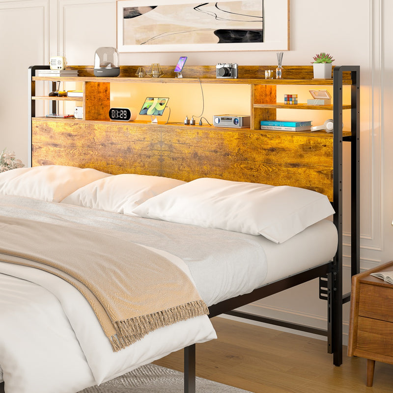 King Size Bookcase Headboard with Storage, Power Outlets & RGB LED Lights