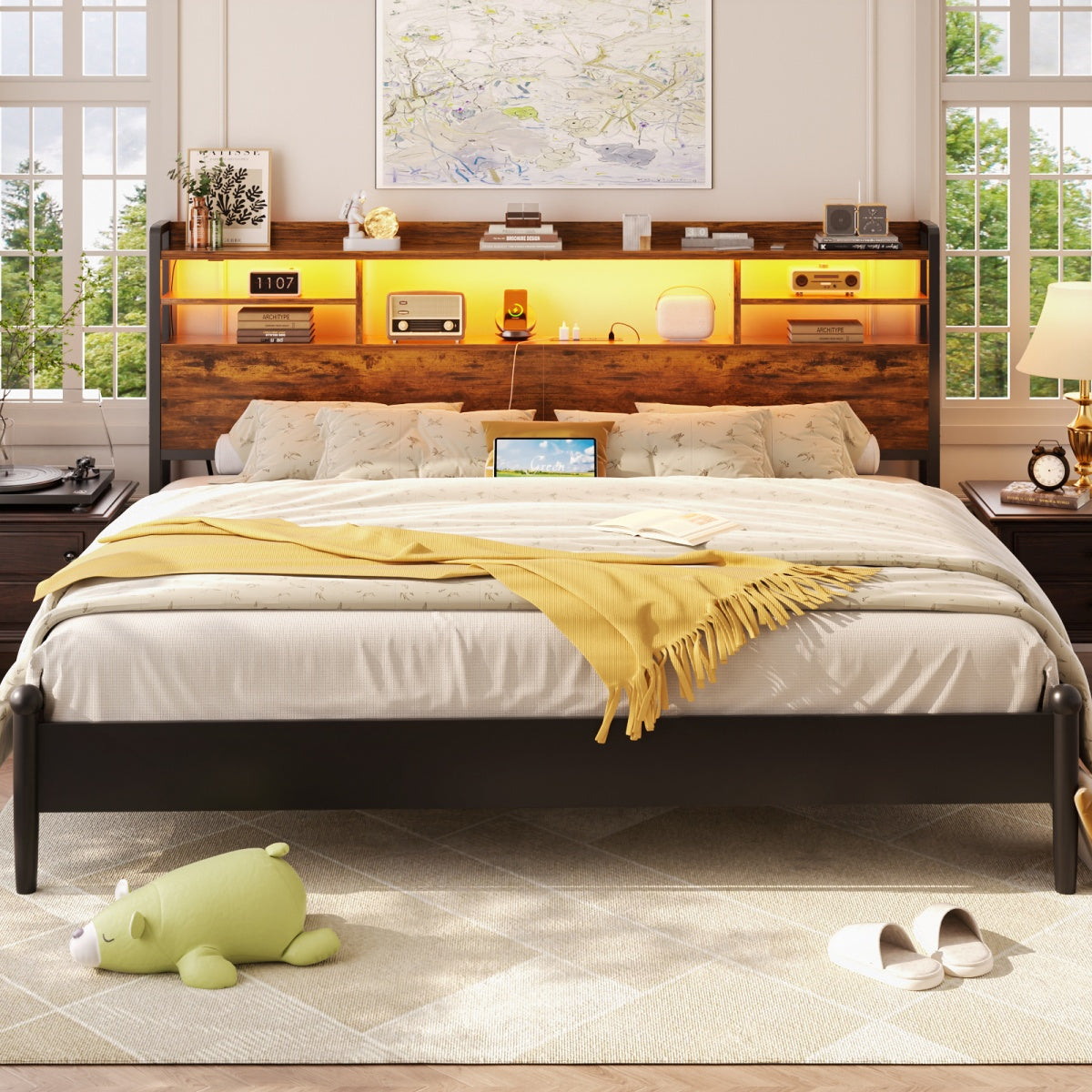 Aheaplus King Size Bookcase Headboard with Storage, Power Outlets