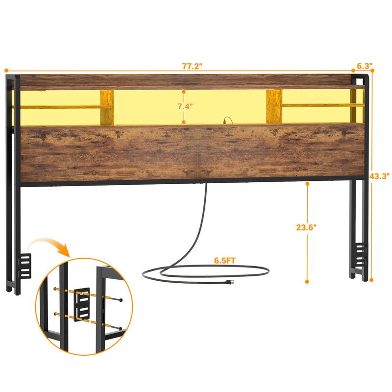 King Size Bookcase Headboard with Storage, Power Outlets & RGB LED Lights