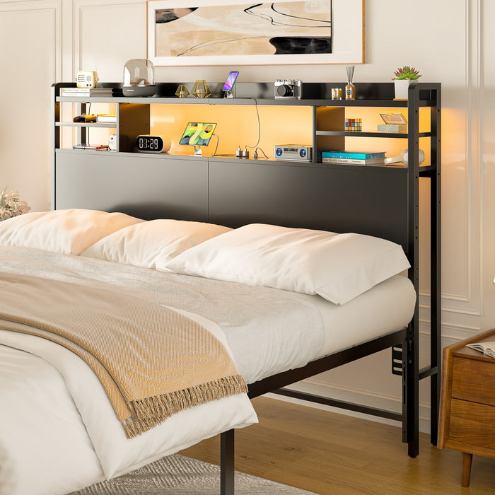 Queen Size Bookcase Headboard with Storage, Power Outlets & RGB LED Lights