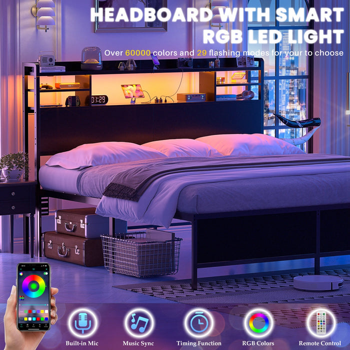 Queen Size Bookcase Headboard with Storage, Power Outlets & RGB LED Lights