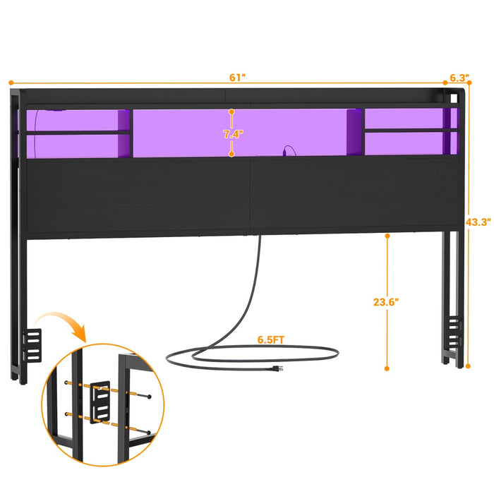 Queen Size Bookcase Headboard with Storage, Power Outlets & RGB LED Lights