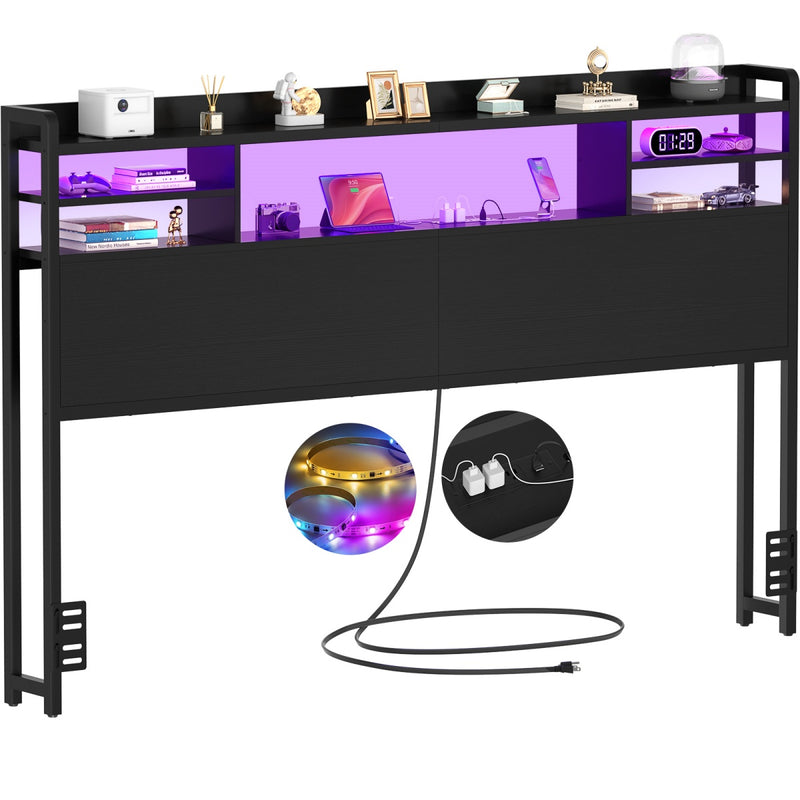 Queen Size Bookcase Headboard with Storage, Power Outlets & RGB LED Lights