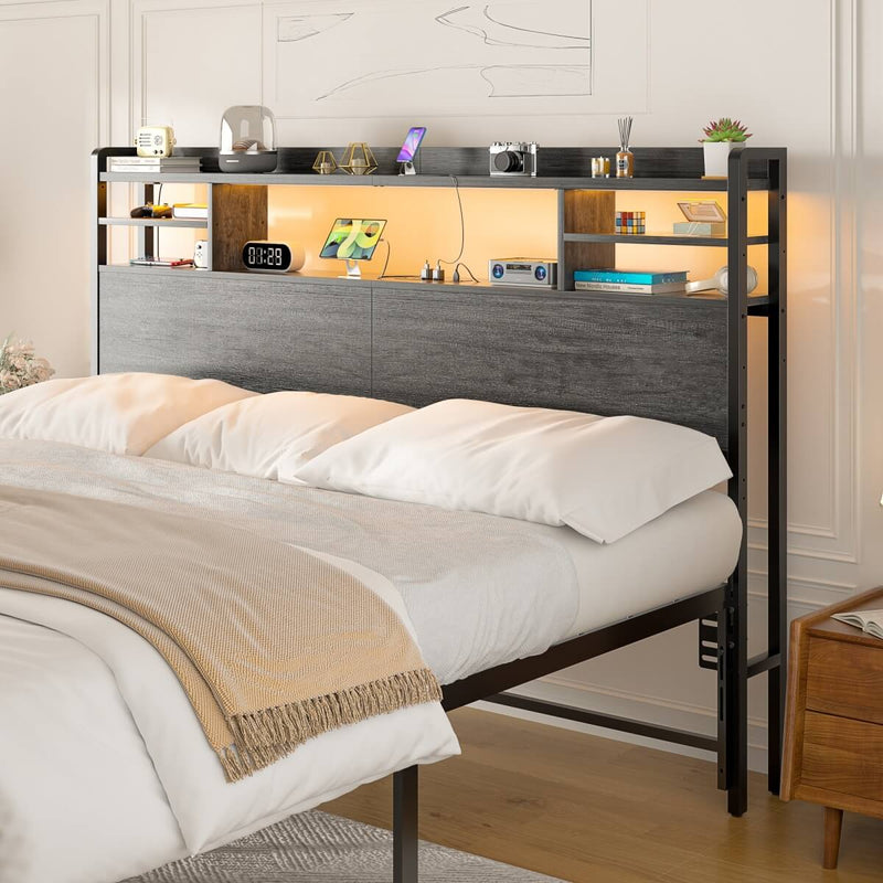 Queen Size Bookcase Headboard with Storage, Power Outlets & RGB LED Lights