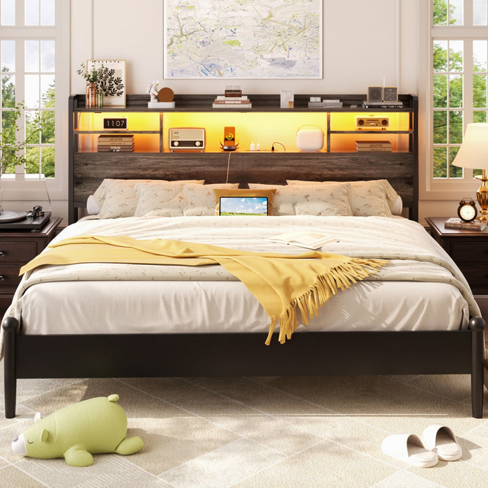 Queen Size Bookcase Headboard with Storage, Power Outlets & RGB LED Lights