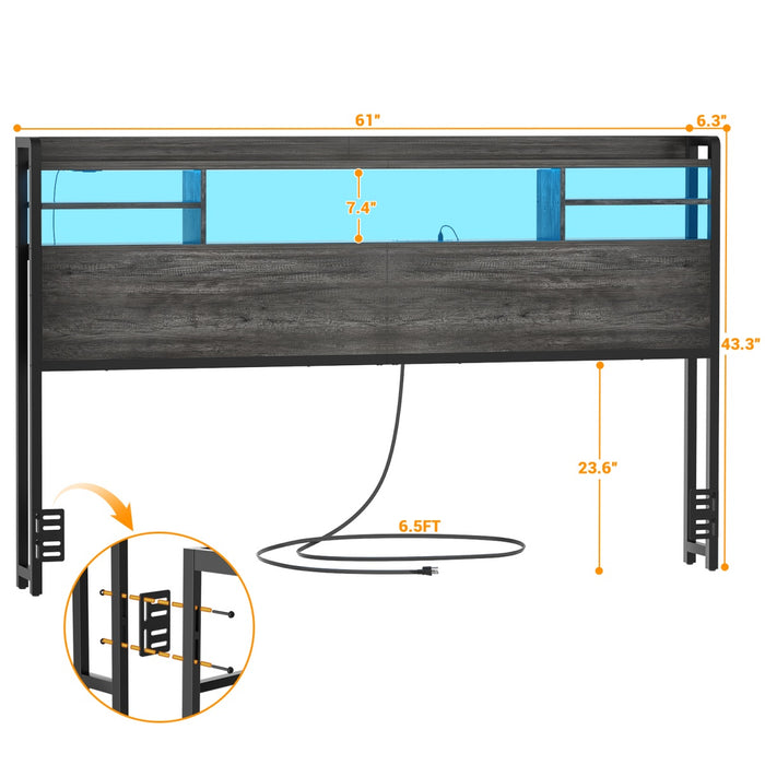 Queen Size Bookcase Headboard with Storage, Power Outlets & RGB LED Lights