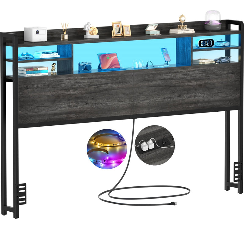Queen Size Bookcase Headboard with Storage, Power Outlets & RGB LED Lights