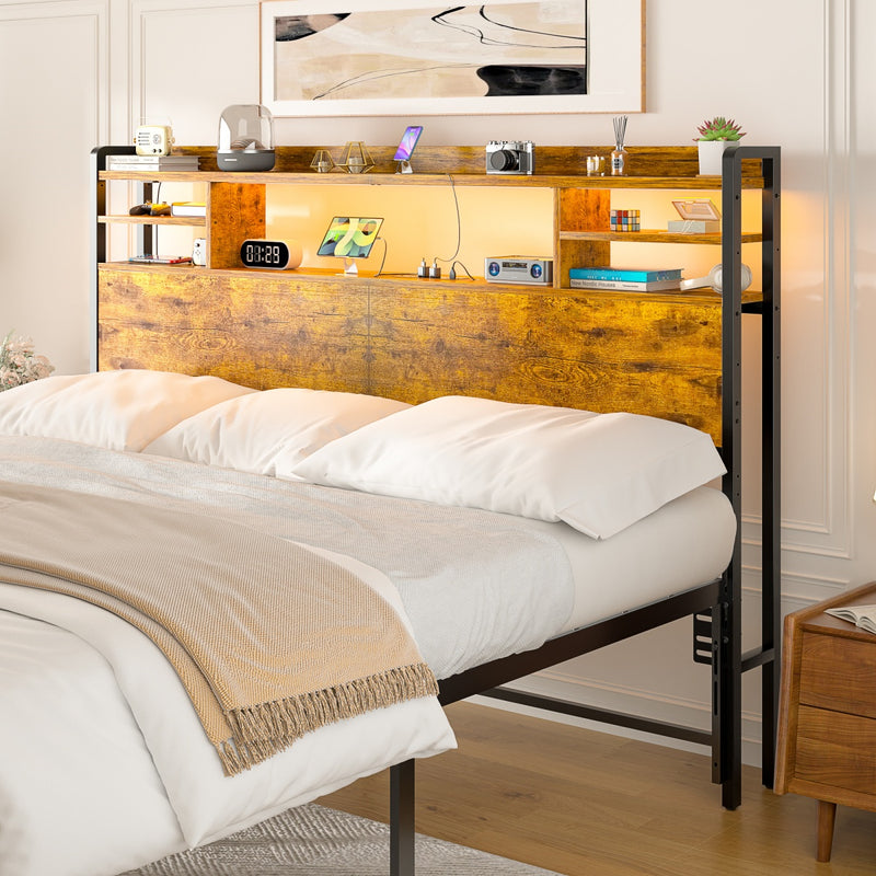 Queen Size Bookcase Headboard with Storage, Power Outlets & RGB LED Lights