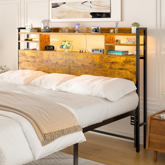Queen Size Bookcase Headboard with Storage, Power Outlets & RGB LED Lights