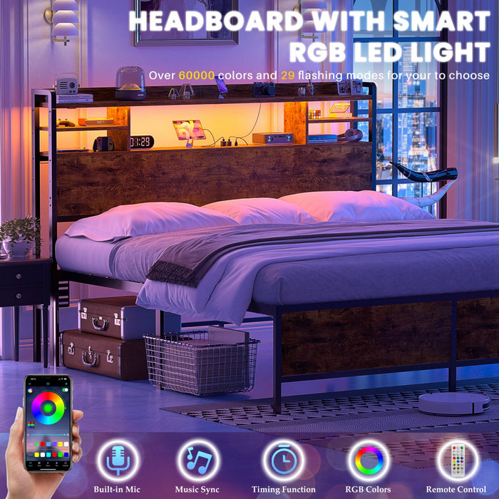 Queen Size Bookcase Headboard with Storage, Power Outlets & RGB LED Lights