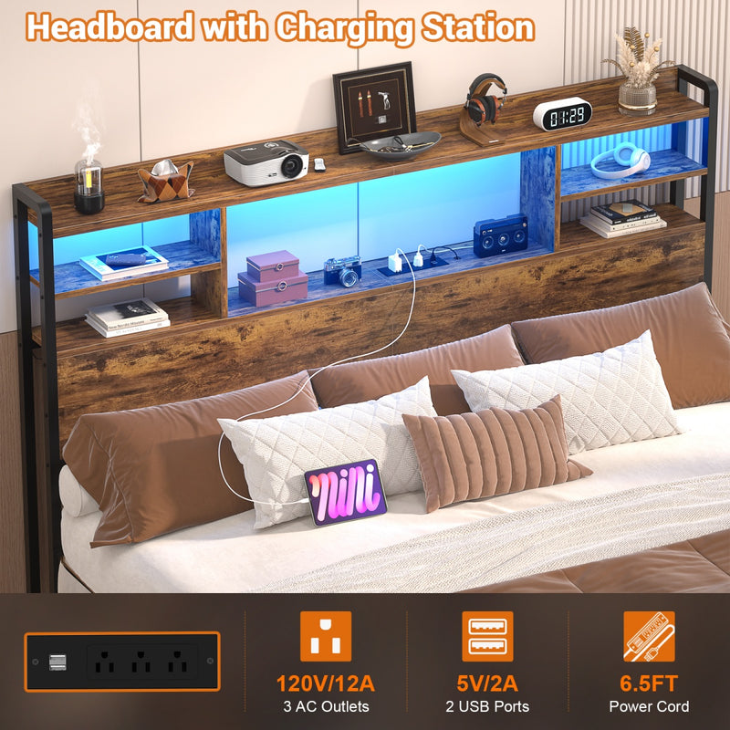 Queen Size Bookcase Headboard with Storage, Power Outlets & RGB LED Lights
