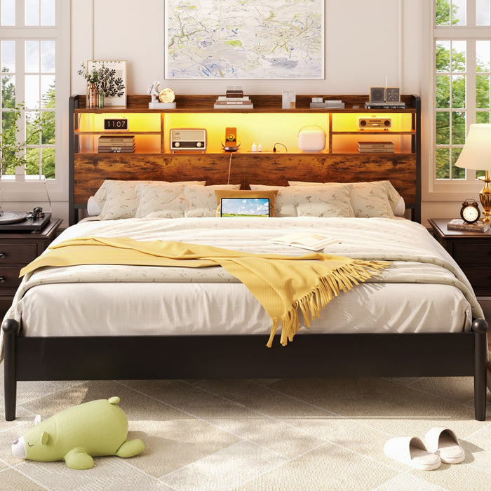 Queen Size Bookcase Headboard with Storage, Power Outlets & RGB LED Lights