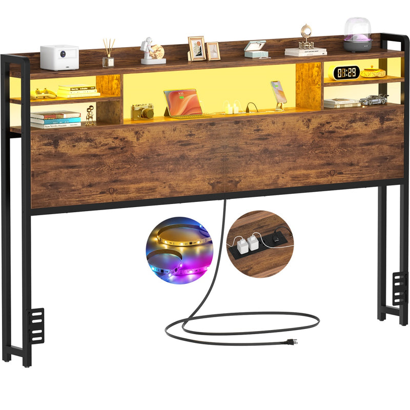 Queen Size Bookcase Headboard with Storage, Power Outlets & RGB LED Lights