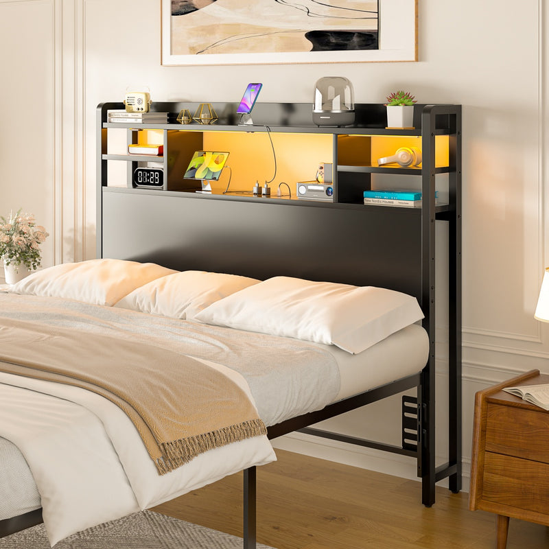 Twin Size Bookcase Headboard with Storage Shelves, Power Outlets & RGB LED Lights