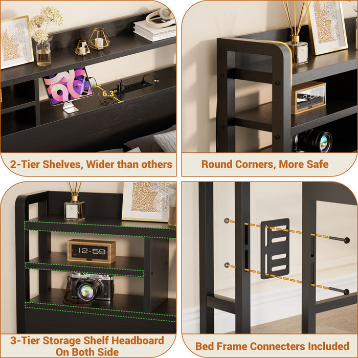 Twin Size Bookcase Headboard with Storage Shelves, Power Outlets & RGB LED Lights