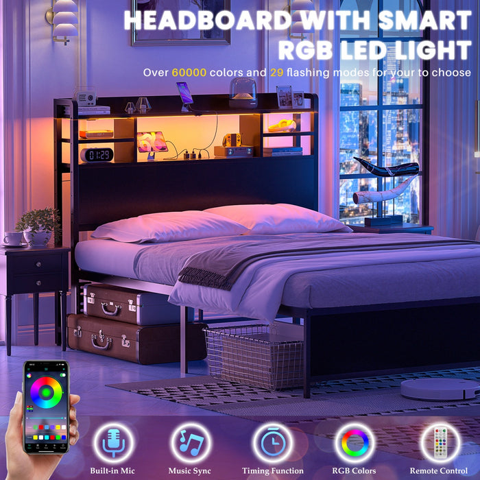 Twin Size Bookcase Headboard with Storage Shelves, Power Outlets & RGB LED Lights