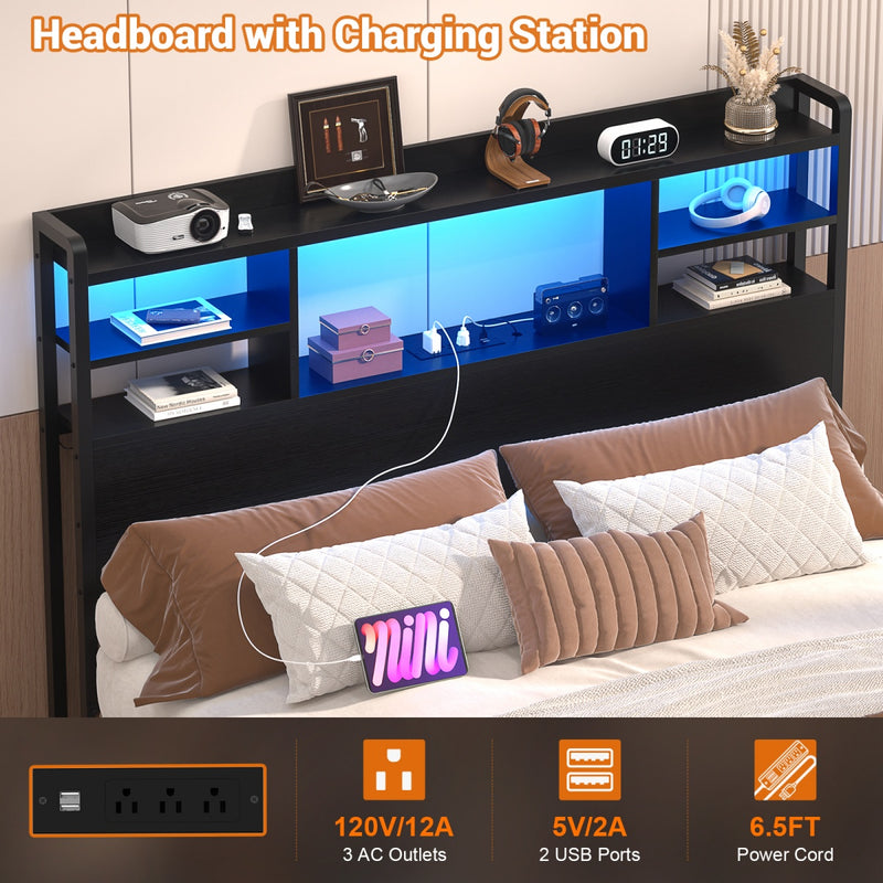 Twin Size Bookcase Headboard with Storage Shelves, Power Outlets & RGB LED Lights