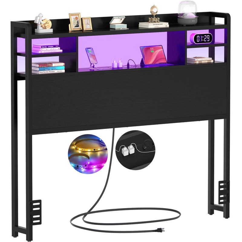 Twin Size Bookcase Headboard with Storage Shelves, Power Outlets & RGB LED Lights