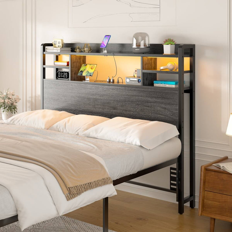 Twin Size Bookcase Headboard with Storage Shelves, Power Outlets & RGB LED Lights