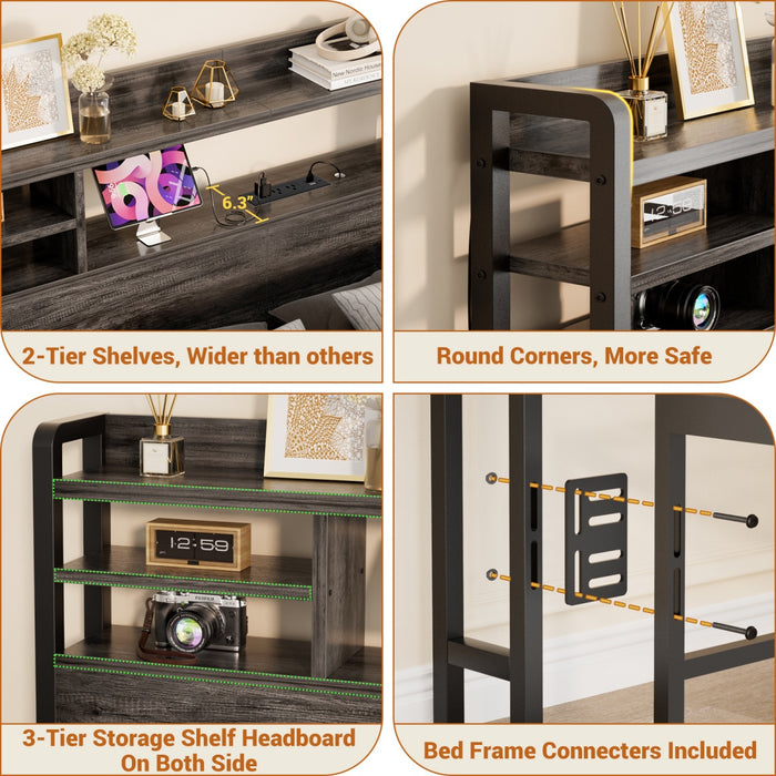Twin Size Bookcase Headboard with Storage Shelves, Power Outlets & RGB LED Lights