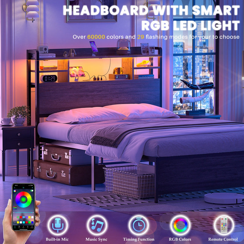 Twin Size Bookcase Headboard with Storage Shelves, Power Outlets & RGB LED Lights