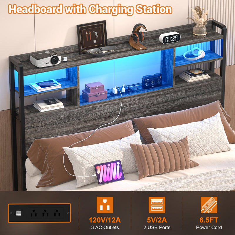 Twin Size Bookcase Headboard with Storage Shelves, Power Outlets & RGB LED Lights