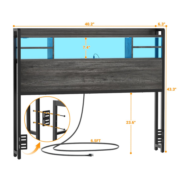 Twin Size Bookcase Headboard with Storage Shelves, Power Outlets & RGB LED Lights