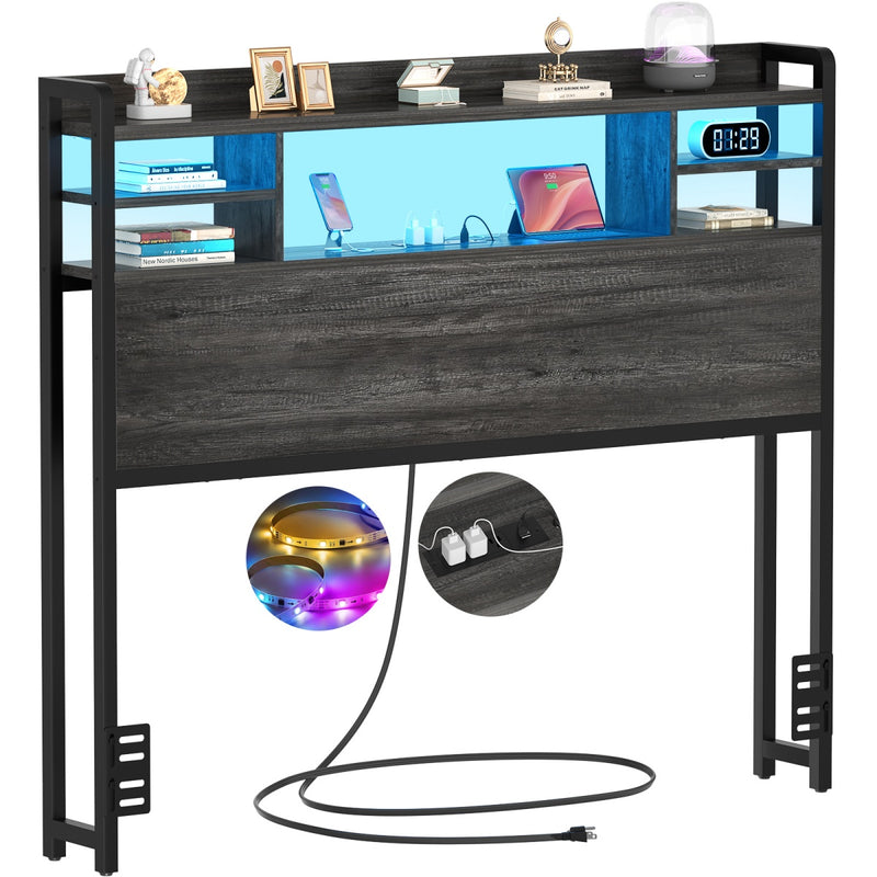 Twin Size Bookcase Headboard with Storage Shelves, Power Outlets & RGB LED Lights