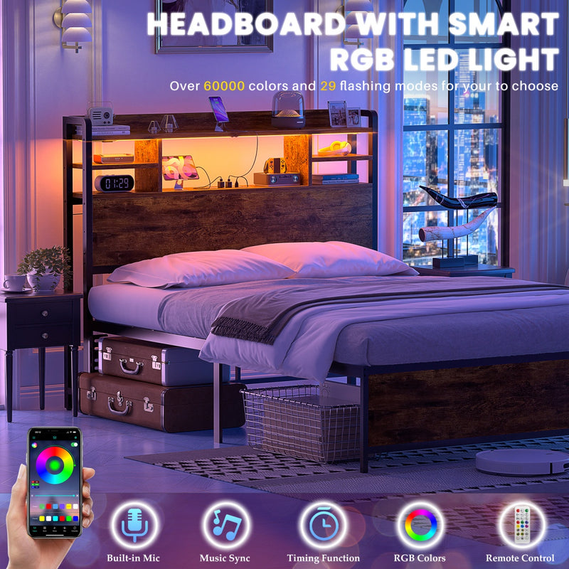 Twin Size Bookcase Headboard with Storage Shelves, Power Outlets & RGB LED Lights