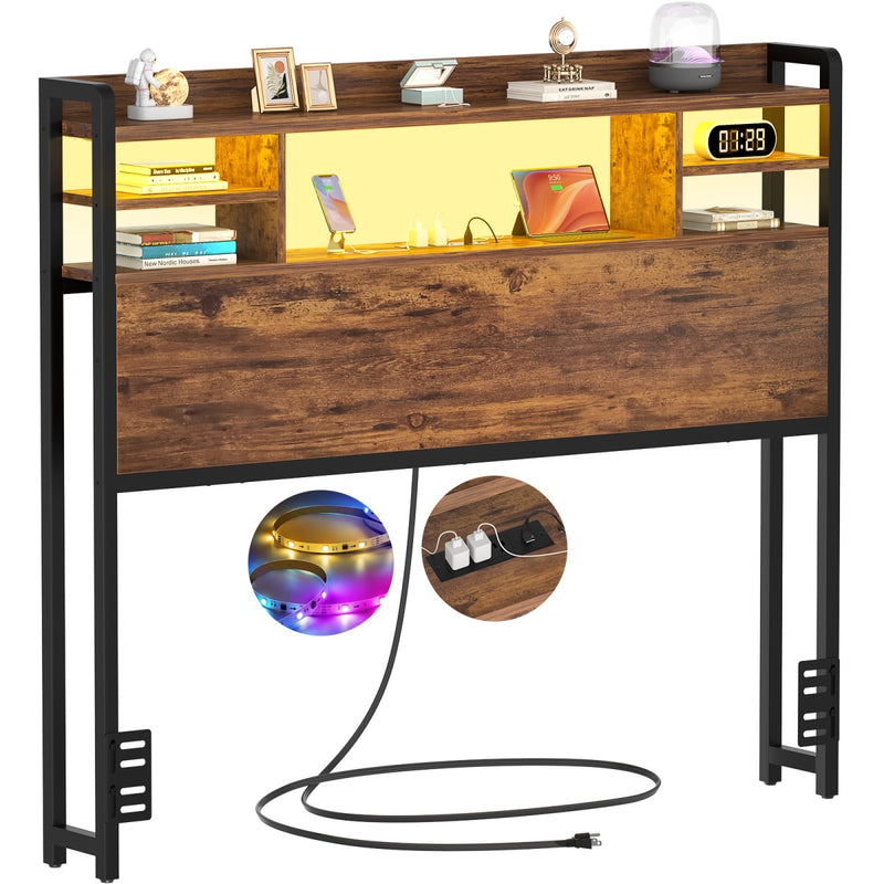 Twin Size Bookcase Headboard with Storage Shelves, Power Outlets & RGB LED Lights