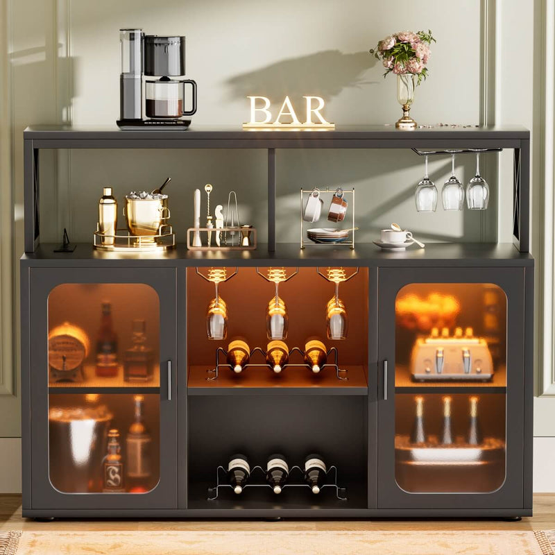 Bar Cabinet with LED Lights & Power Outlets, Liquor Cabinet with Glass Holder