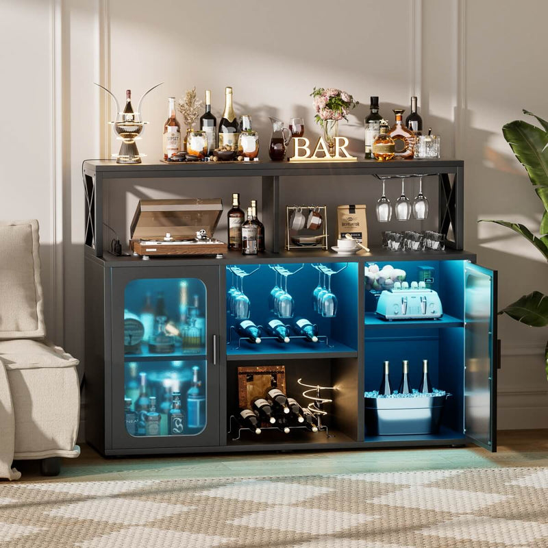 Bar Cabinet with LED Lights & Power Outlets, Liquor Cabinet with Glass Holder