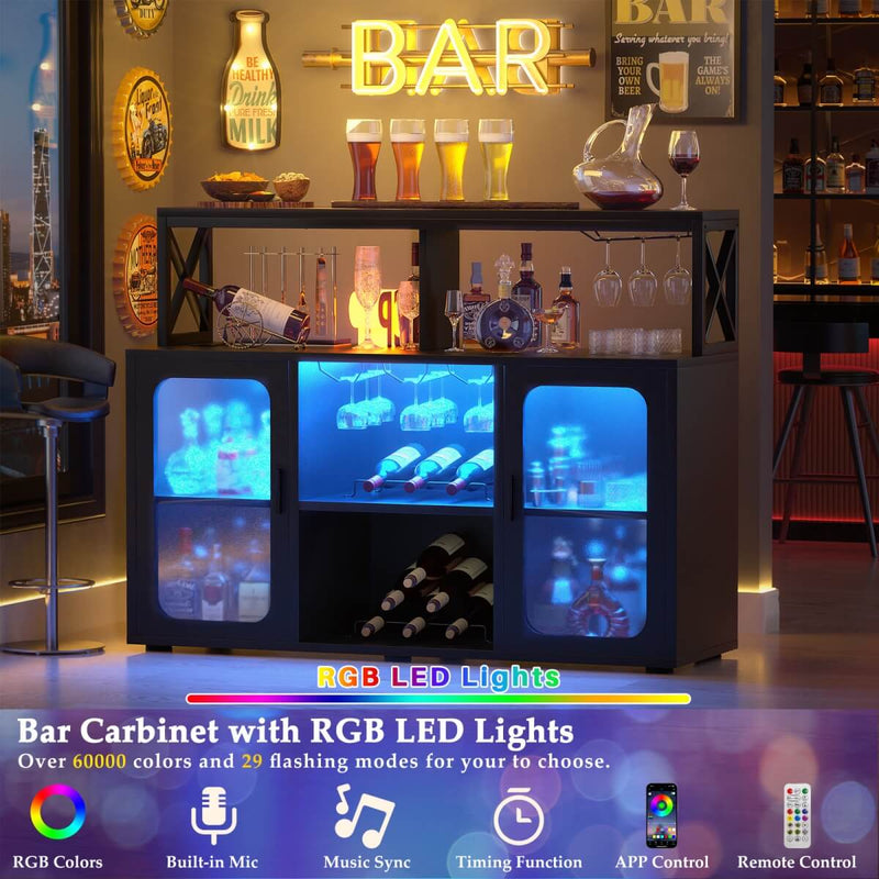 Bar Cabinet with LED Lights & Power Outlets, Liquor Cabinet with Glass Holder