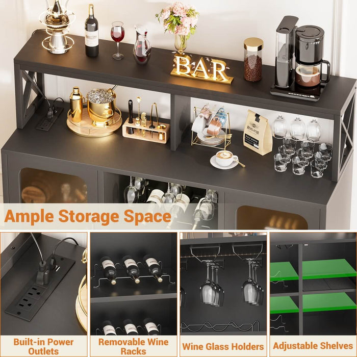 Bar Cabinet with LED Lights & Power Outlets, Liquor Cabinet with Glass Holder