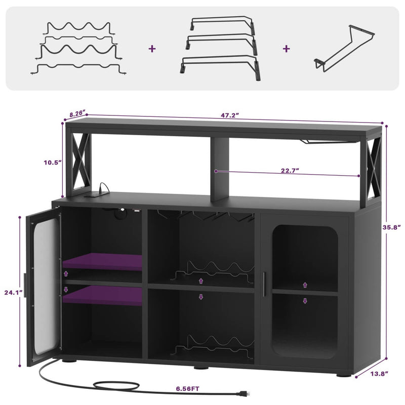 Bar Cabinet with LED Lights & Power Outlets, Liquor Cabinet with Glass Holder