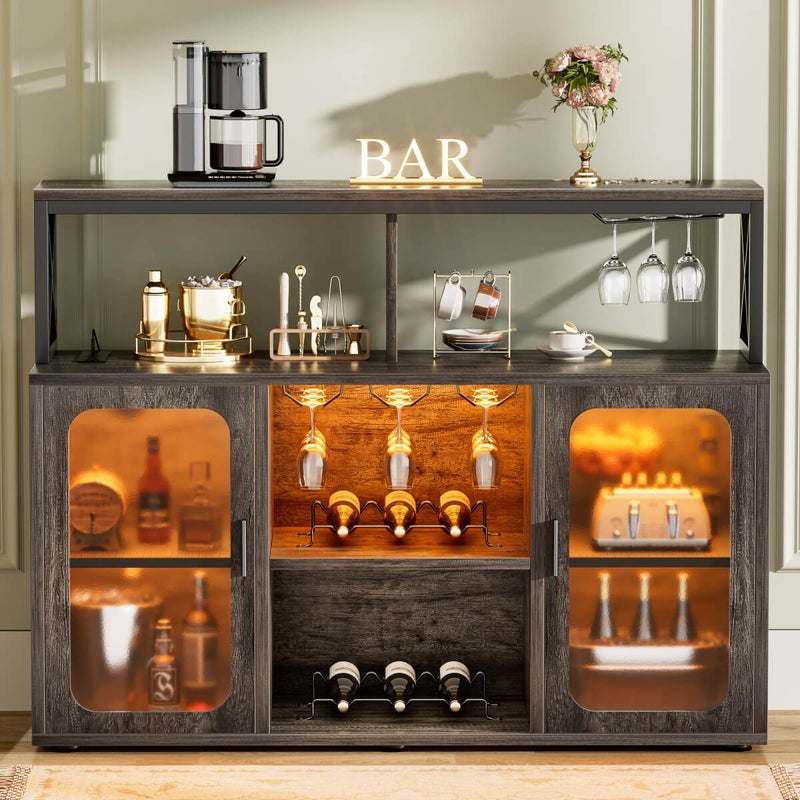 Bar Cabinet with LED Lights & Power Outlets, Liquor Cabinet with Glass Holder