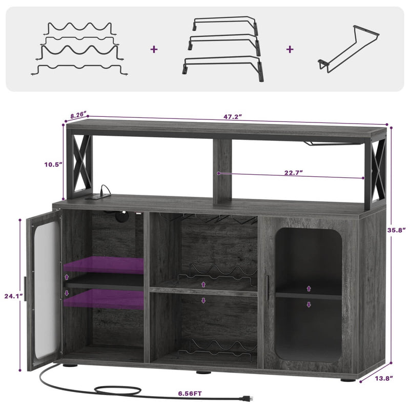 Bar Cabinet with LED Lights & Power Outlets, Liquor Cabinet with Glass Holder