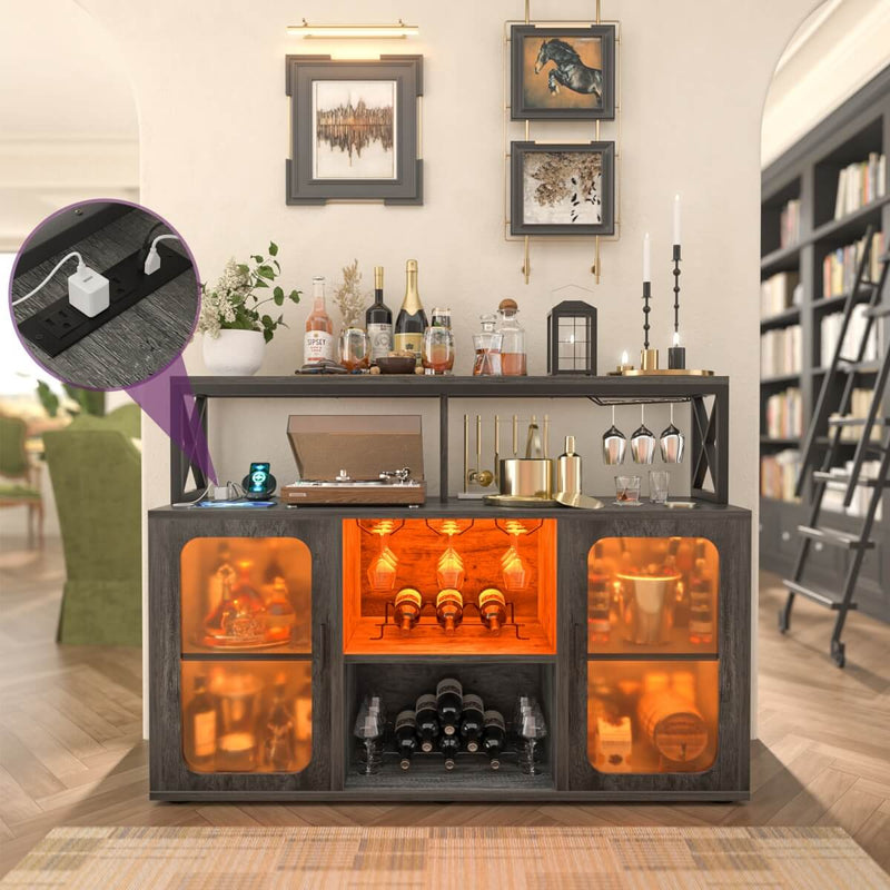 Bar Cabinet with LED Lights & Power Outlets, Liquor Cabinet with Glass Holder